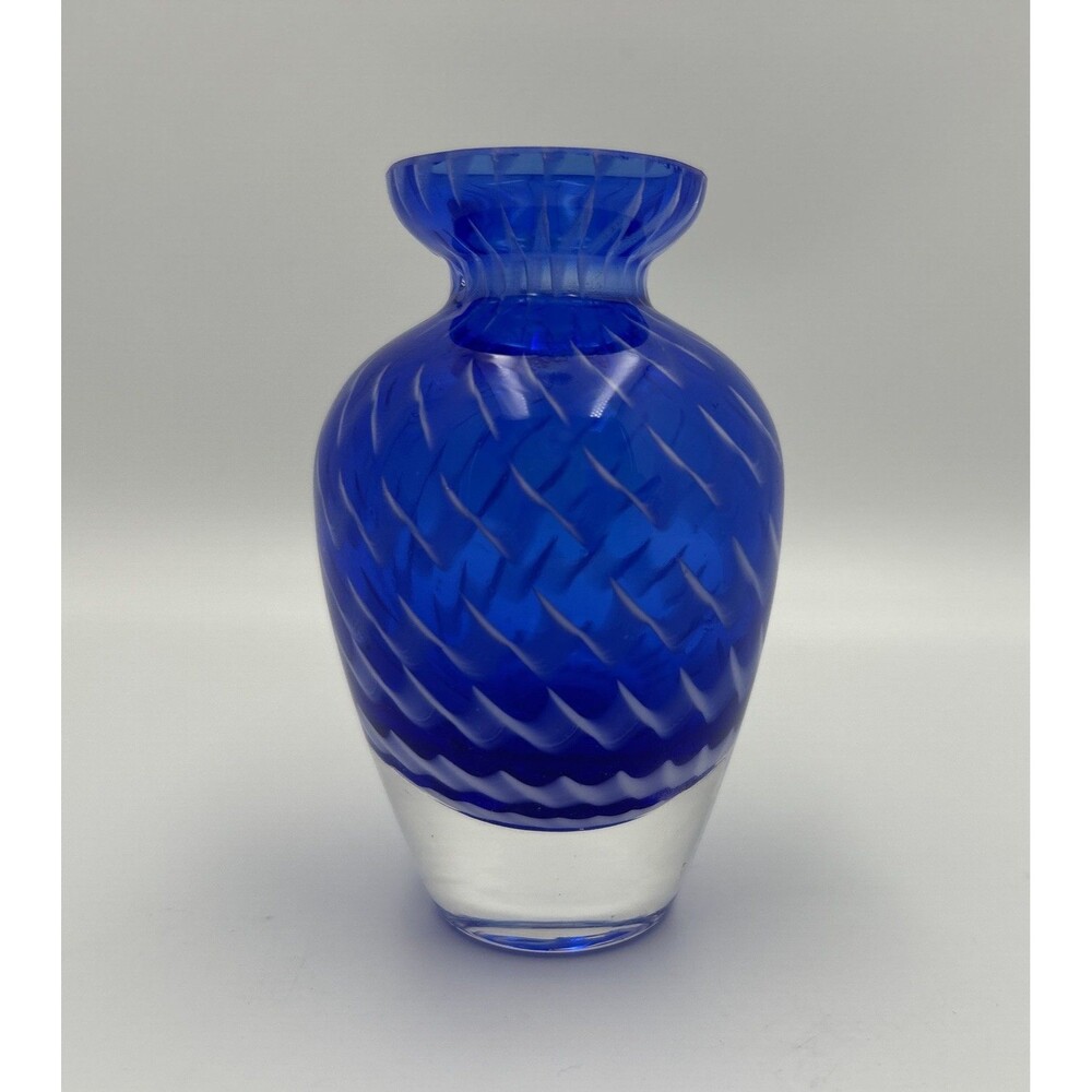 Art Glass Hand Blown White Cased Murano Style Bud Vase Blue White 4"
